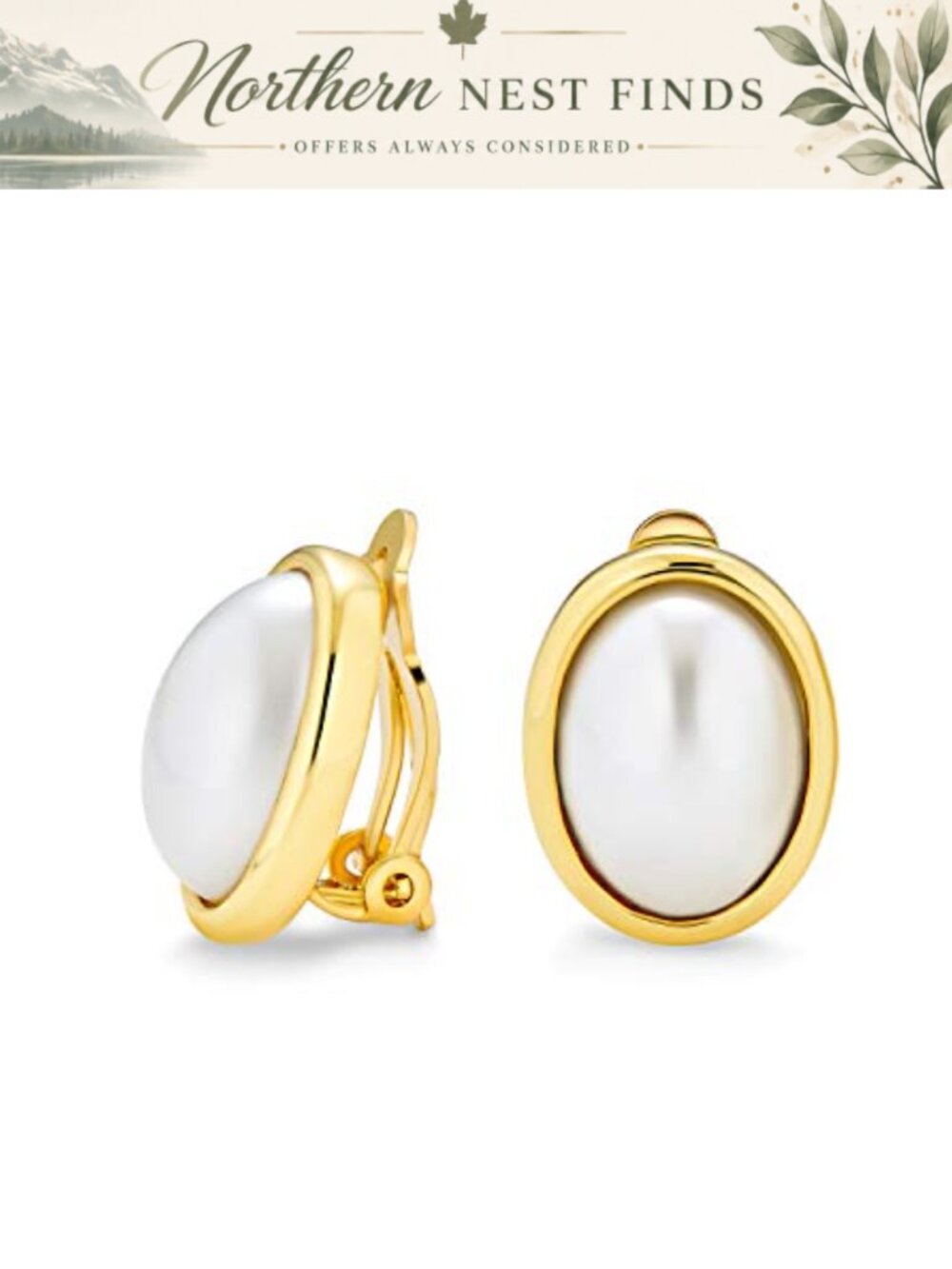 Faux White Pearl Oval Clip On Earrings 14K Yellow Gold Plated Brass Women